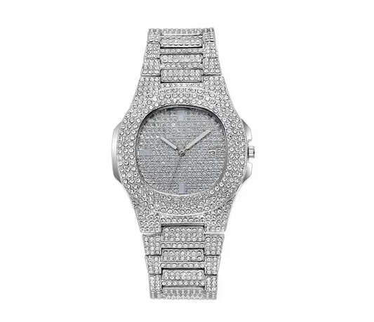 Silver round Iced Out Rhinestone Watch